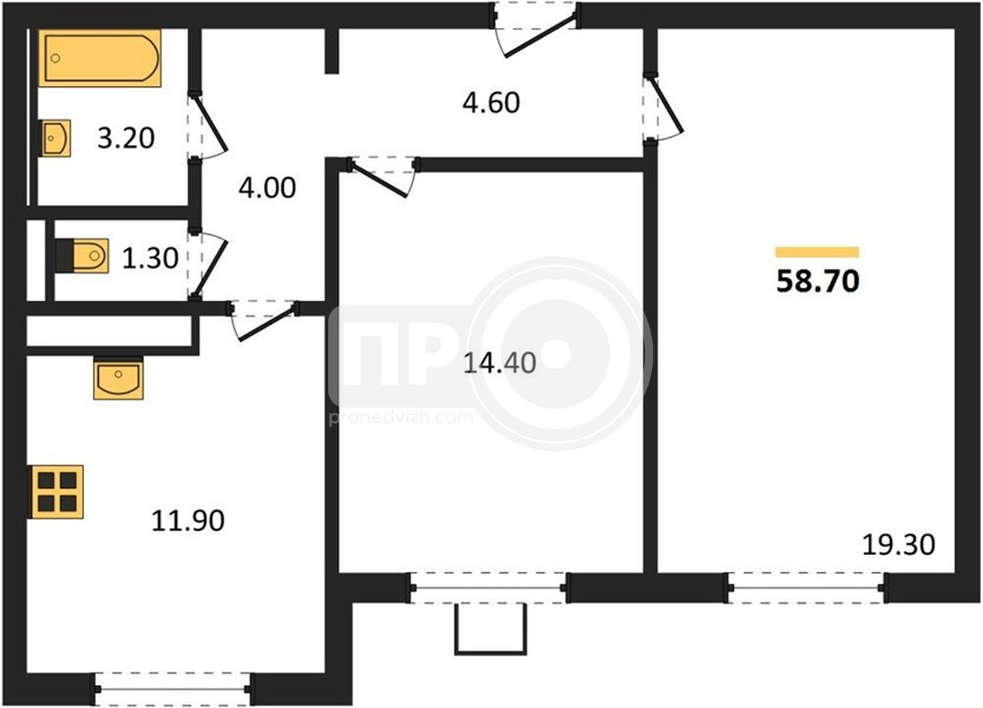 2-комнатная квартира, 58.7кв.м
