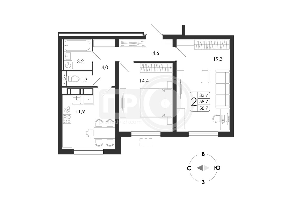 2-комнатная квартира, 58.7кв.м