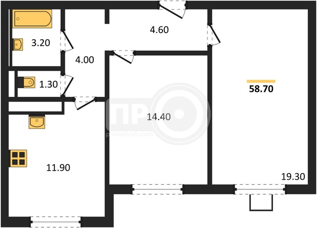 2-комнатная квартира, 58.7кв.м