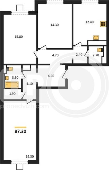 Миниатюра 3-комнатная квартира, 87.3кв.м