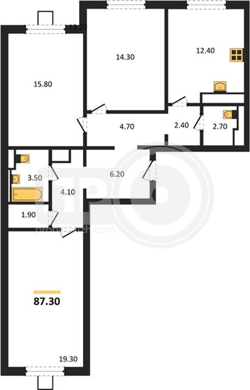 3-комнатная квартира, 87.3кв.м