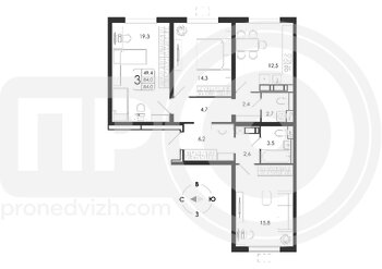 Миниатюра 3-комнатная квартира, 84кв.м