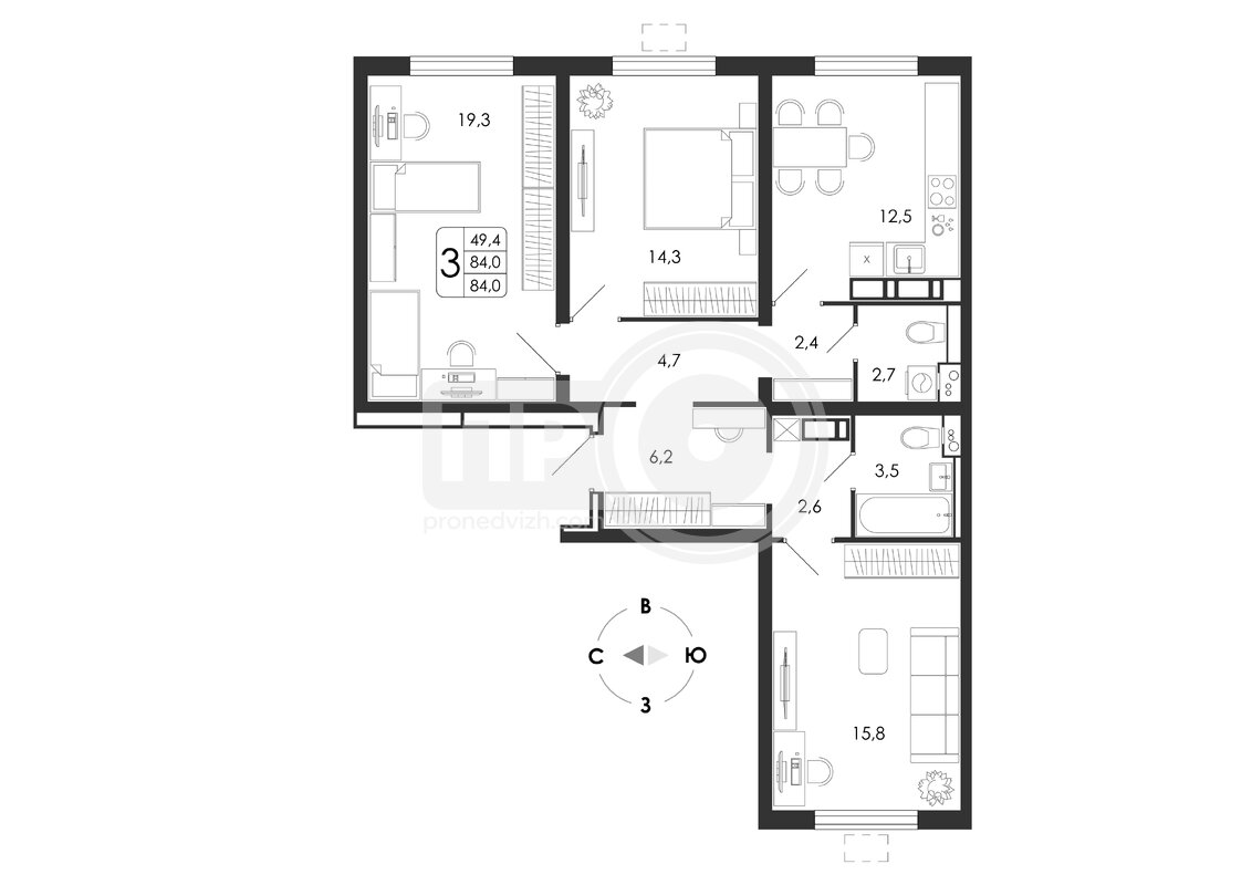 3-комнатная квартира, 84кв.м
