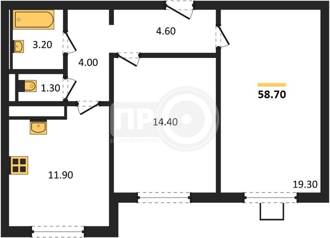 2-комнатная квартира, 58.7кв.м