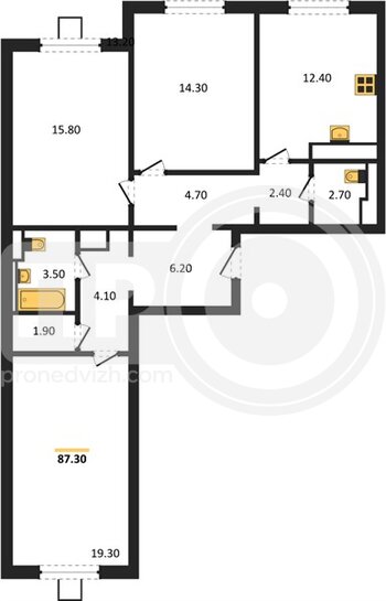Миниатюра 3-комнатная квартира, 87.3кв.м