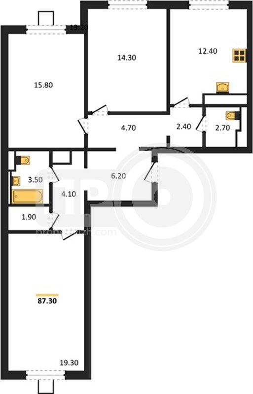 3-комнатная квартира, 87.3кв.м