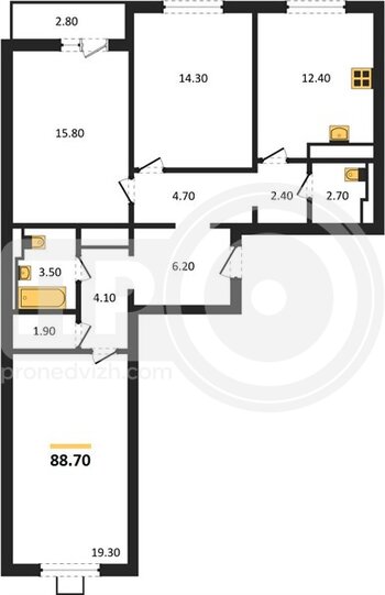 Миниатюра 3-комнатная квартира, 88.7кв.м