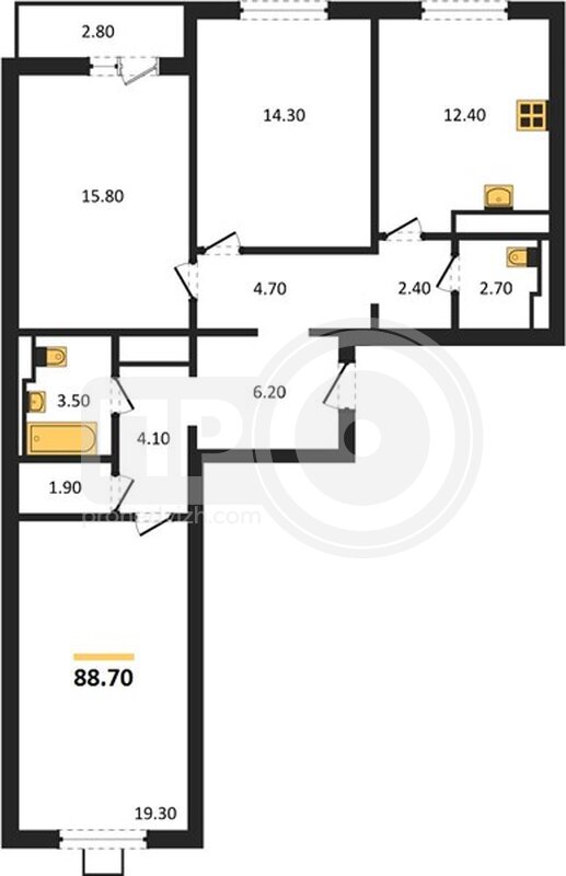 3-комнатная квартира, 88.7кв.м