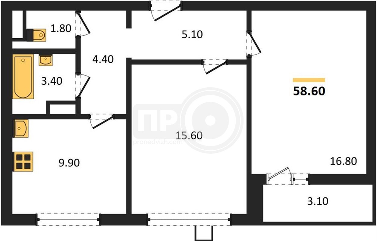 2-комнатная квартира, 58.6кв.м