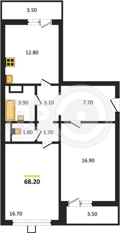 2-комнатная квартира, 68.2кв.м
