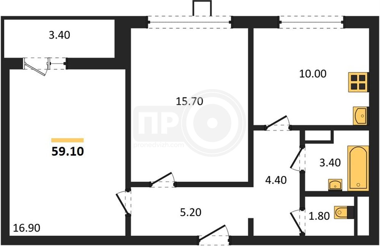 2-комнатная квартира, 59.1кв.м