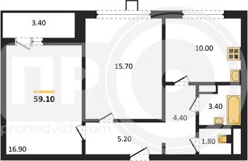 Миниатюра 2-комнатная квартира, 59.1кв.м