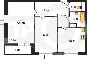 Миниатюра 2-комнатная квартира, 56.7кв.м