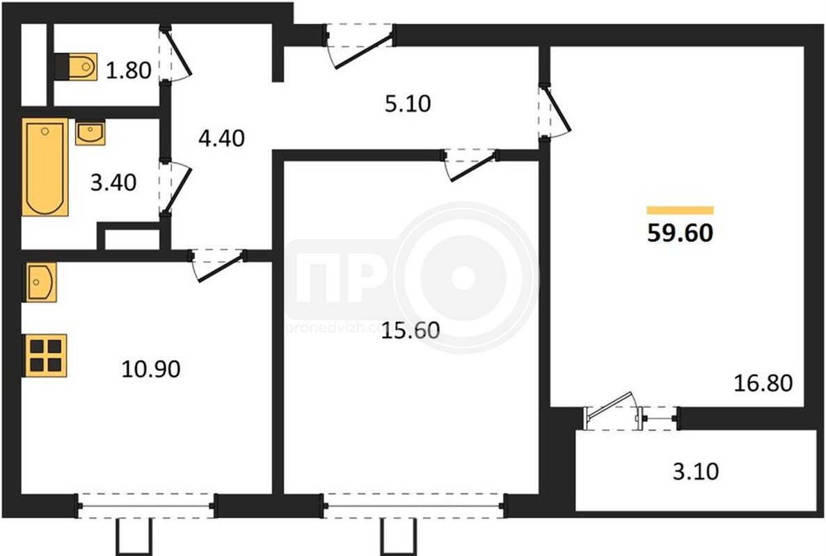 2-комнатная квартира, 59.6кв.м