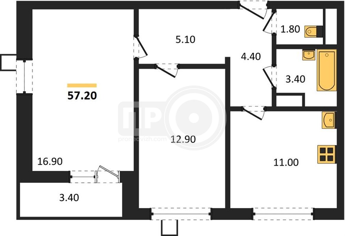 2-комнатная квартира, 57.2кв.м