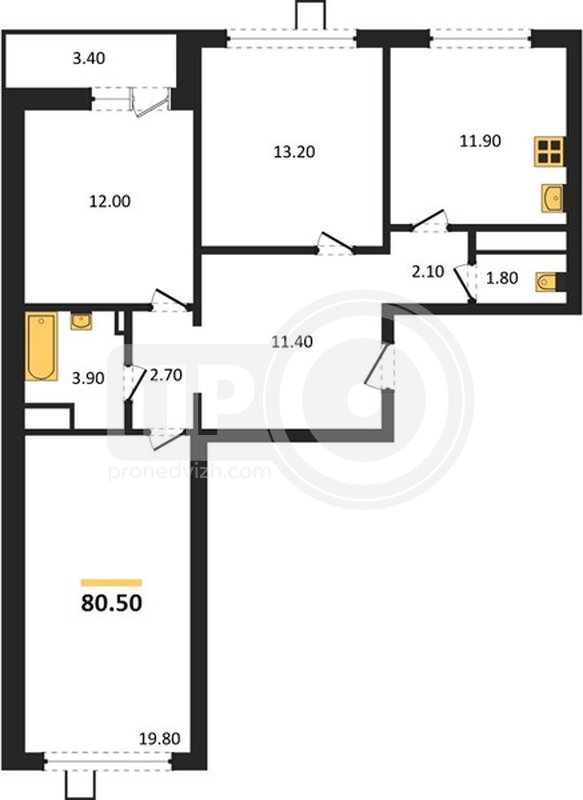 3-комнатная квартира, 80.5кв.м
