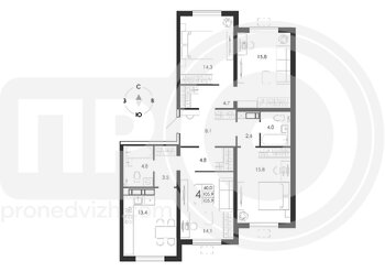 Миниатюра 4-комнатная квартира, 105.9кв.м
