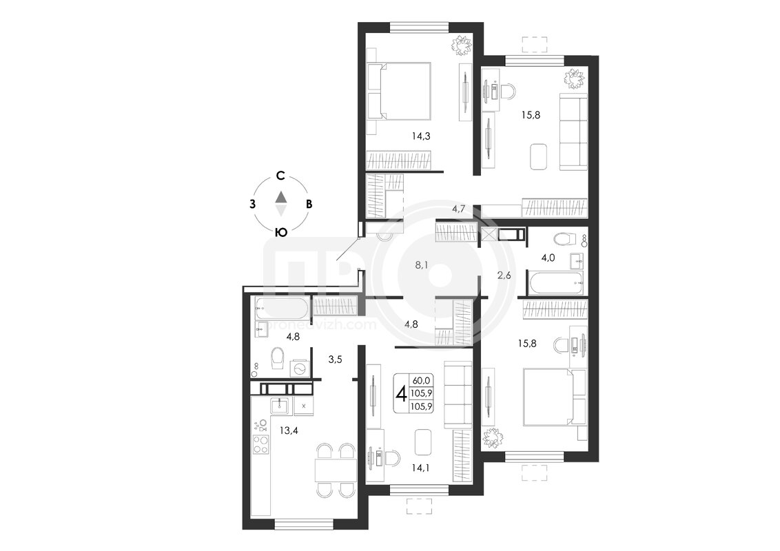 4-комнатная квартира, 105.9кв.м