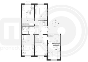 Миниатюра 4-комнатная квартира, 112.9кв.м