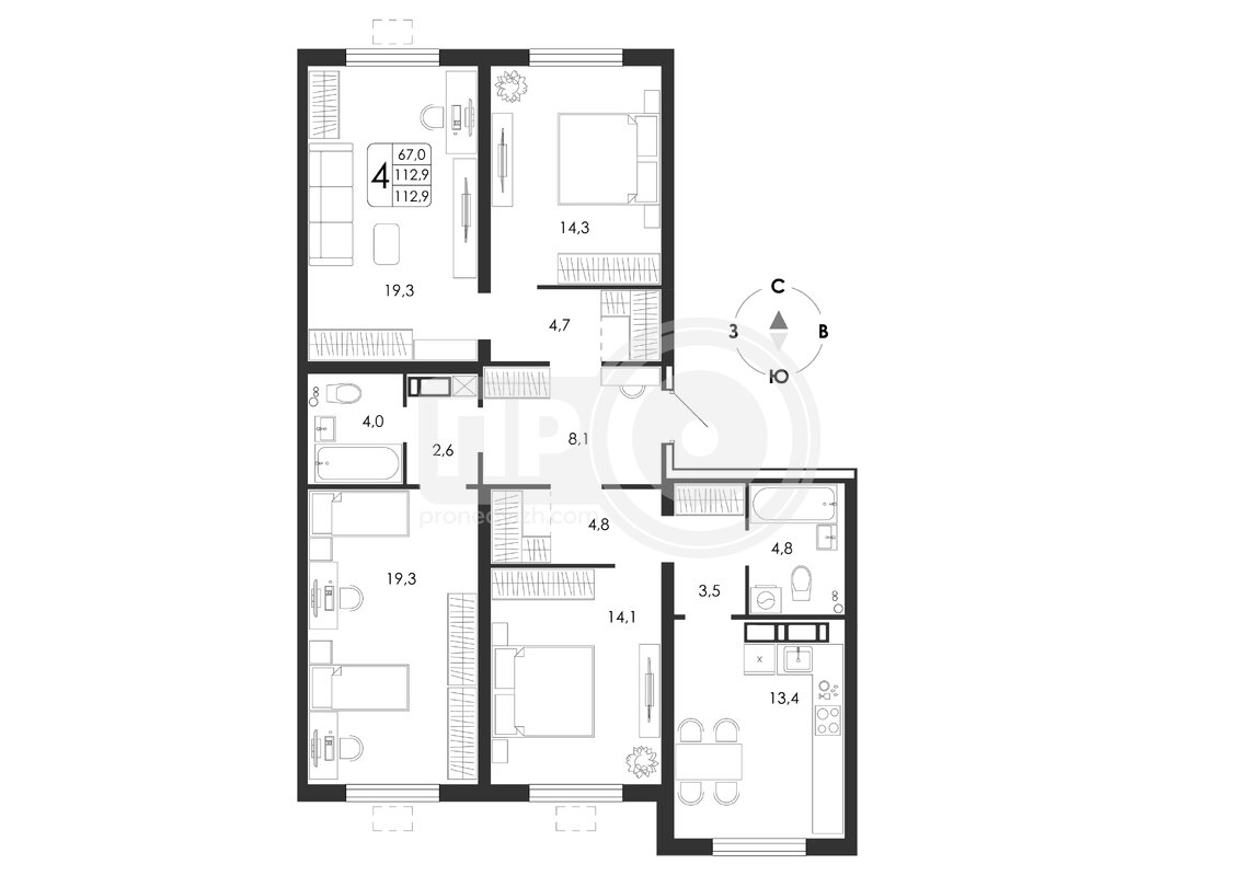 4-комнатная квартира, 112.9кв.м
