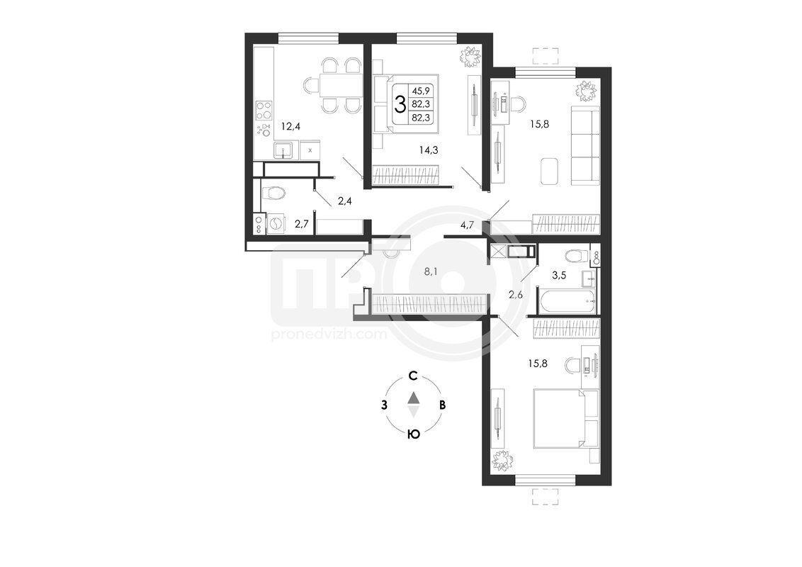 3-комнатная квартира, 82.3кв.м