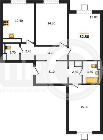 Миниатюра 3-комнатная квартира, 82.3кв.м