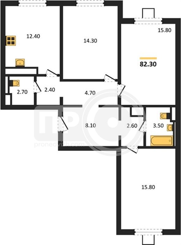 3-комнатная квартира, 82.3кв.м