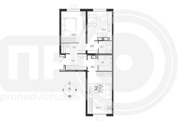 Миниатюра 2-комнатная квартира, 69.1кв.м