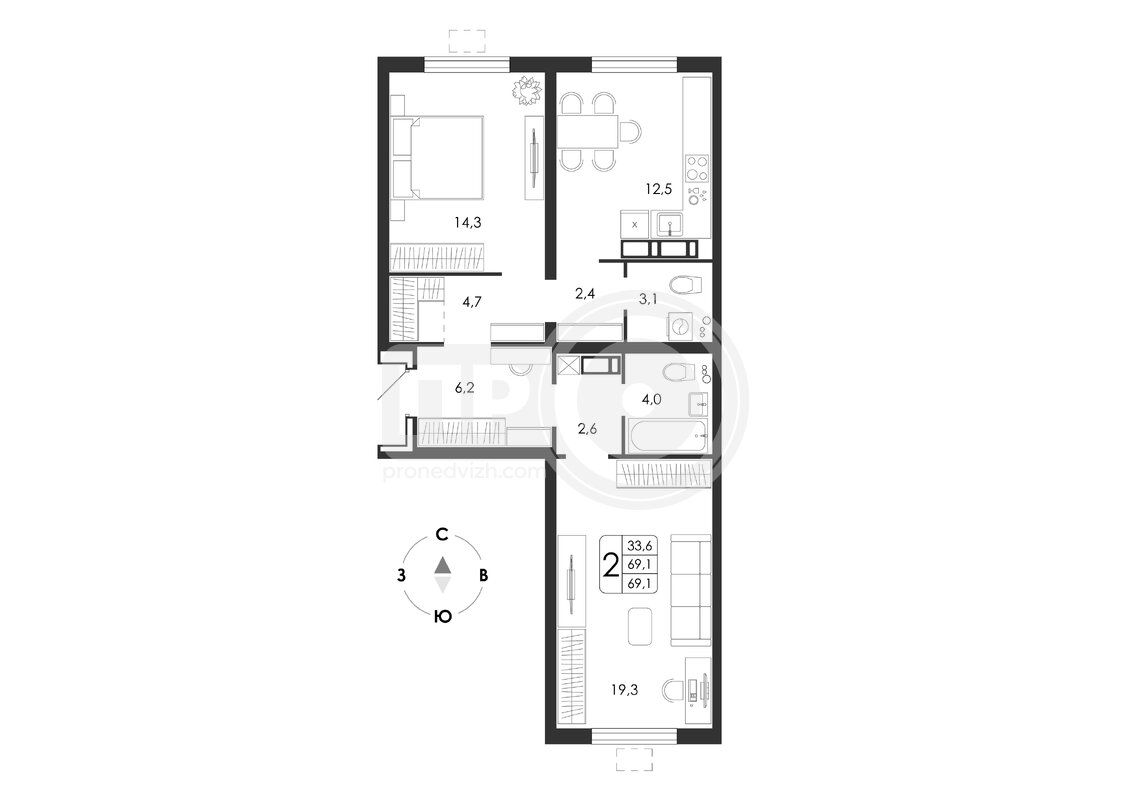 2-комнатная квартира, 69.1кв.м