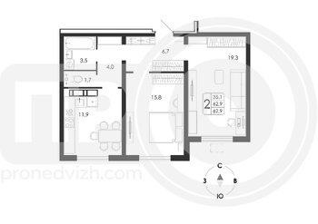 Миниатюра 2-комнатная квартира, 62.9кв.м
