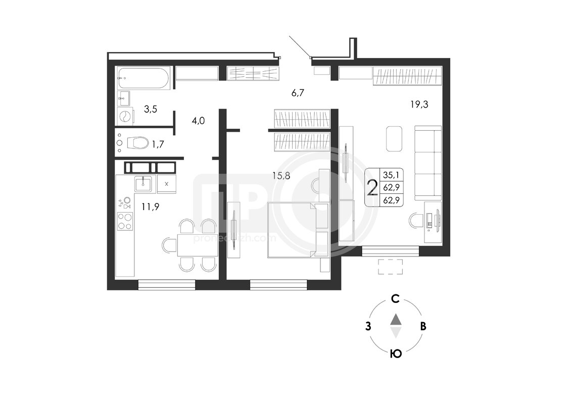 2-комнатная квартира, 62.9кв.м