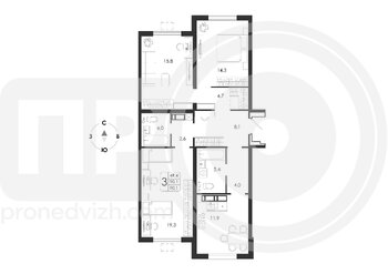 Миниатюра 3-комнатная квартира, 90.1кв.м