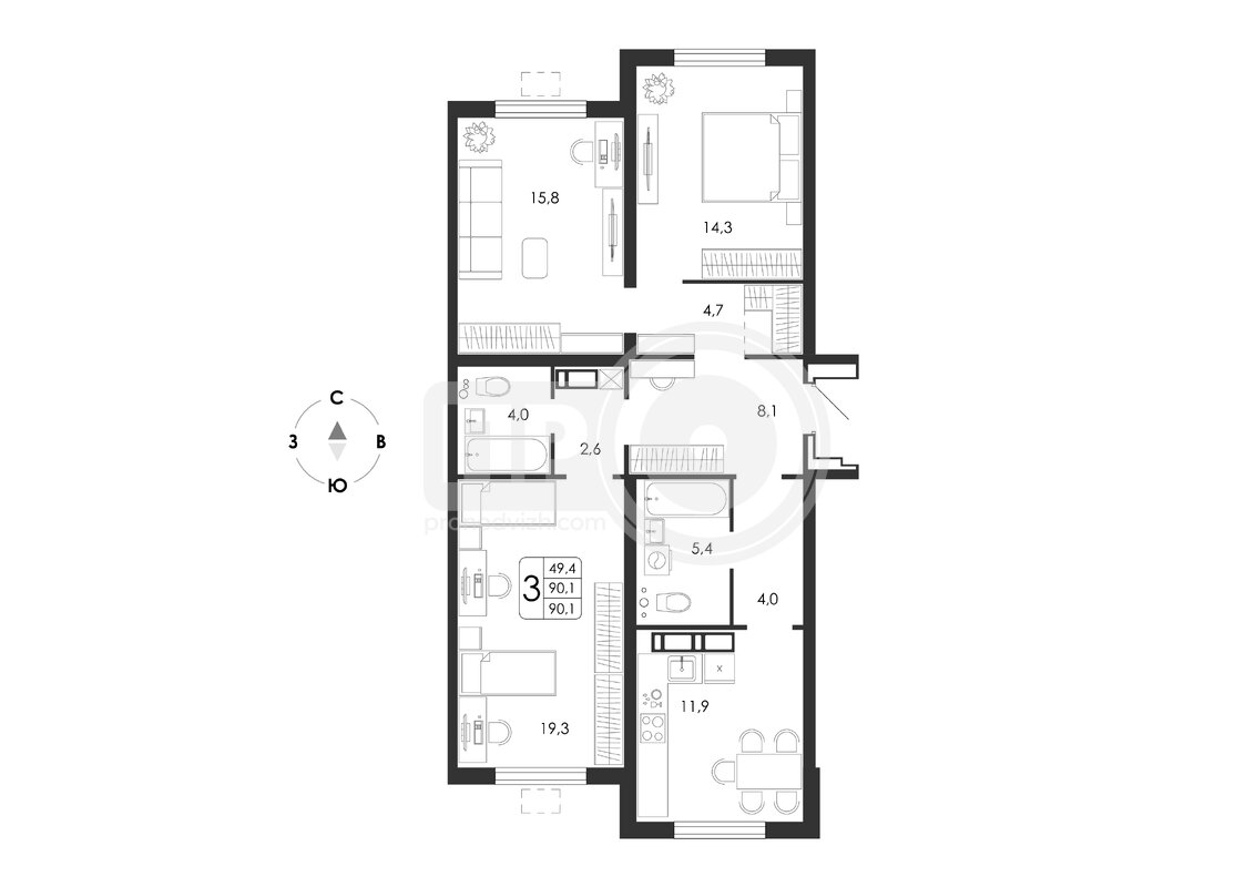 3-комнатная квартира, 90.1кв.м