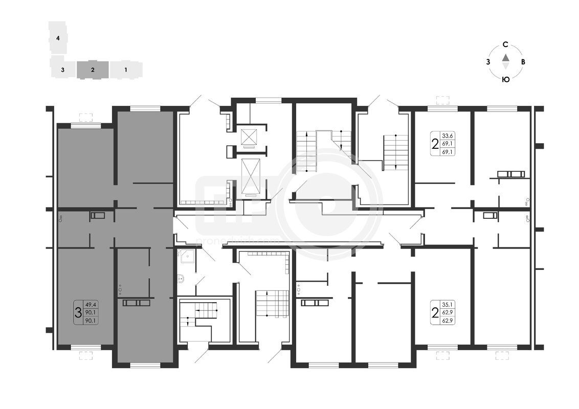 3-комнатная квартира, 90.1кв.м