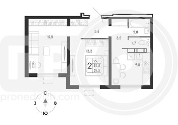 Миниатюра 2-комнатная квартира, 52.5кв.м