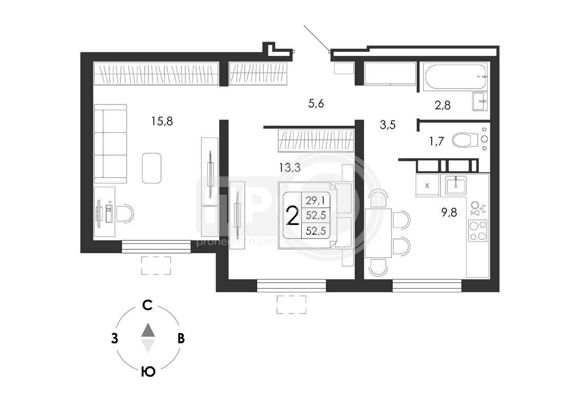 2-комнатная квартира, 52.5кв.м