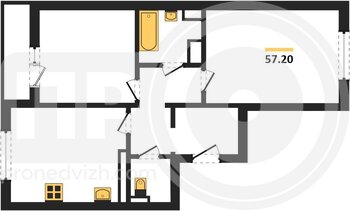 Миниатюра 2-комнатная квартира, 57.2кв.м