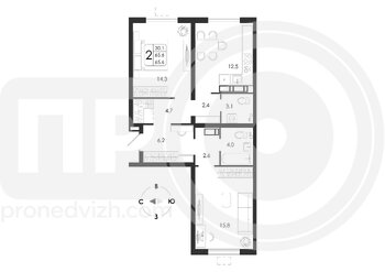 Миниатюра 2-комнатная квартира, 65.6кв.м