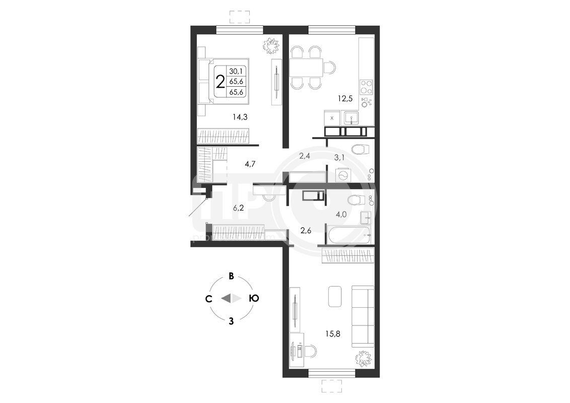 2-комнатная квартира, 65.6кв.м