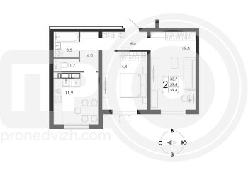 Миниатюра 2-комнатная квартира, 59.4кв.м