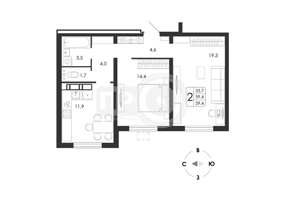 2-комнатная квартира, 59.4кв.м