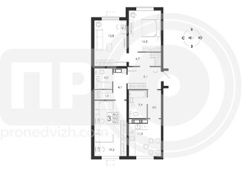 Миниатюра 3-комнатная квартира, 93.5кв.м
