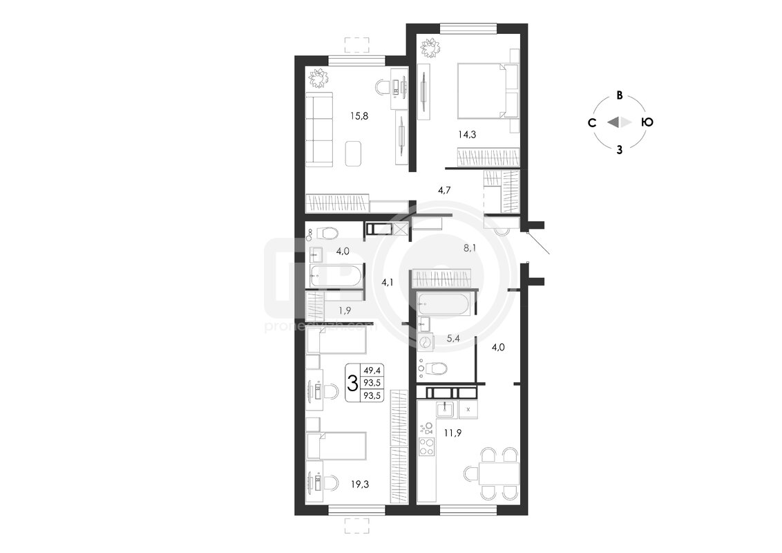 3-комнатная квартира, 93.5кв.м
