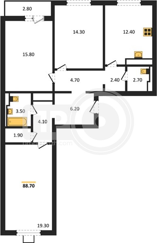 3-комнатная квартира, 88.7кв.м