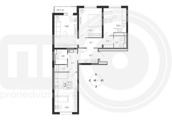 Миниатюра 3-комнатная квартира, 88.7кв.м