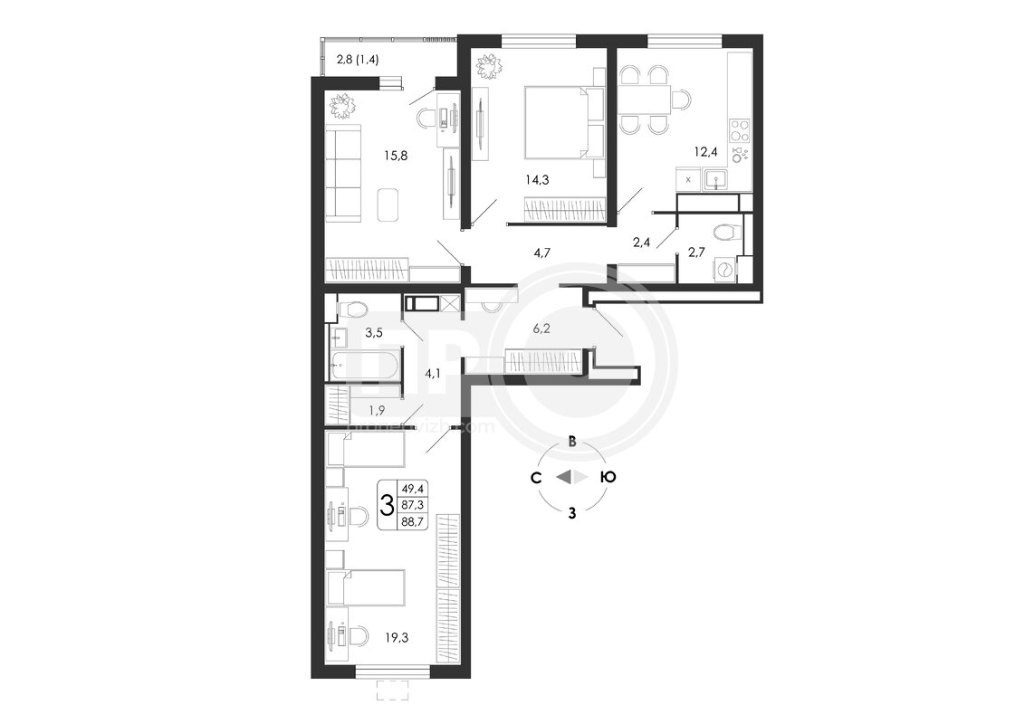 3-комнатная квартира, 88.7кв.м
