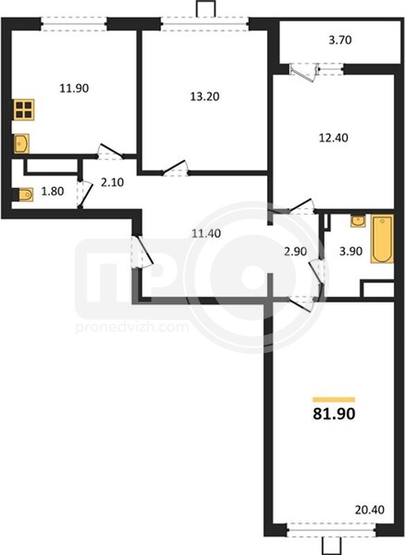 3-комнатная квартира, 81.9кв.м