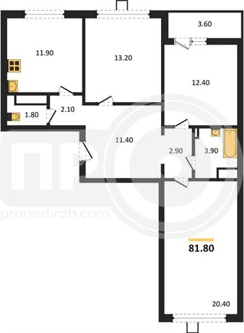 Миниатюра 3-комнатная квартира, 81.8кв.м