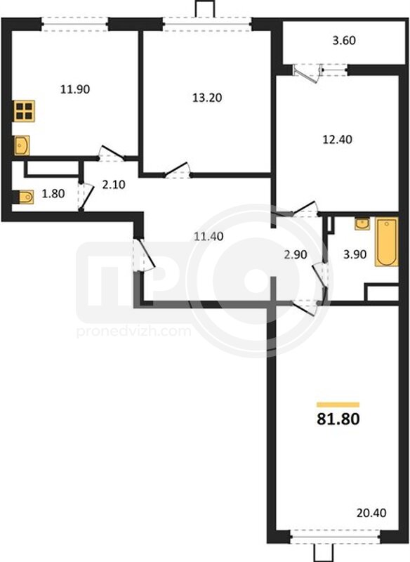 3-комнатная квартира, 81.8кв.м