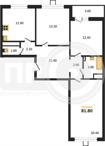 Миниатюра 3-комнатная квартира, 81.8кв.м